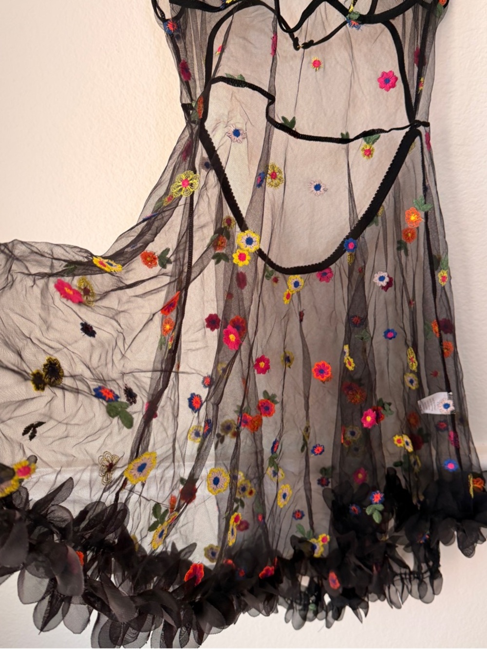 Sheer Black Floral Embroidered Babydoll Dress Lingerie Mesh Fairy Coquette XL - Picture 5 of 12